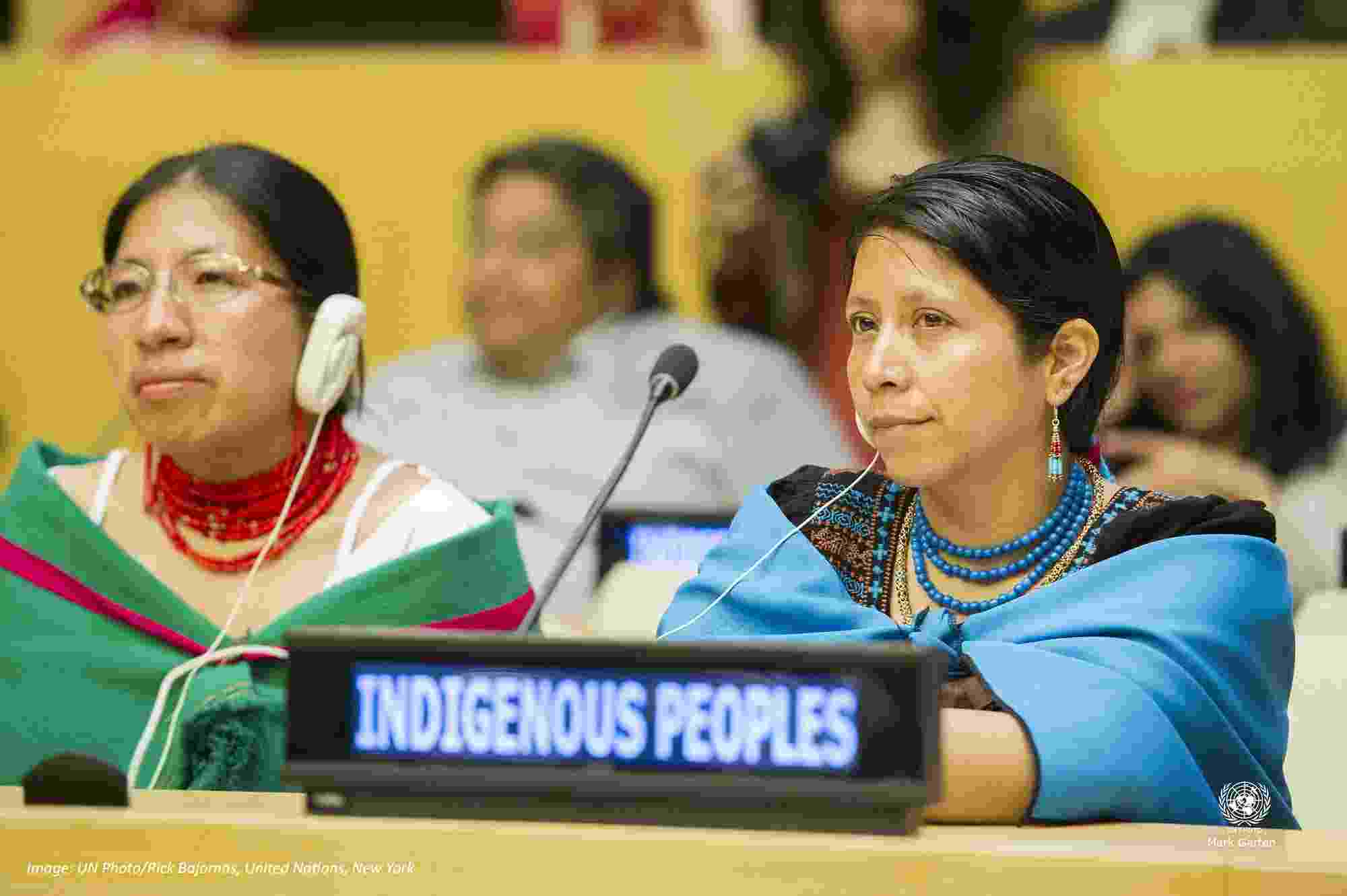 Two participants in traditional dress sit behind a sign reading "Indigenous Peoples", at an interactive dialogue held by the UN on the occasion of the International Day of the World’s Indigenous Peoples.